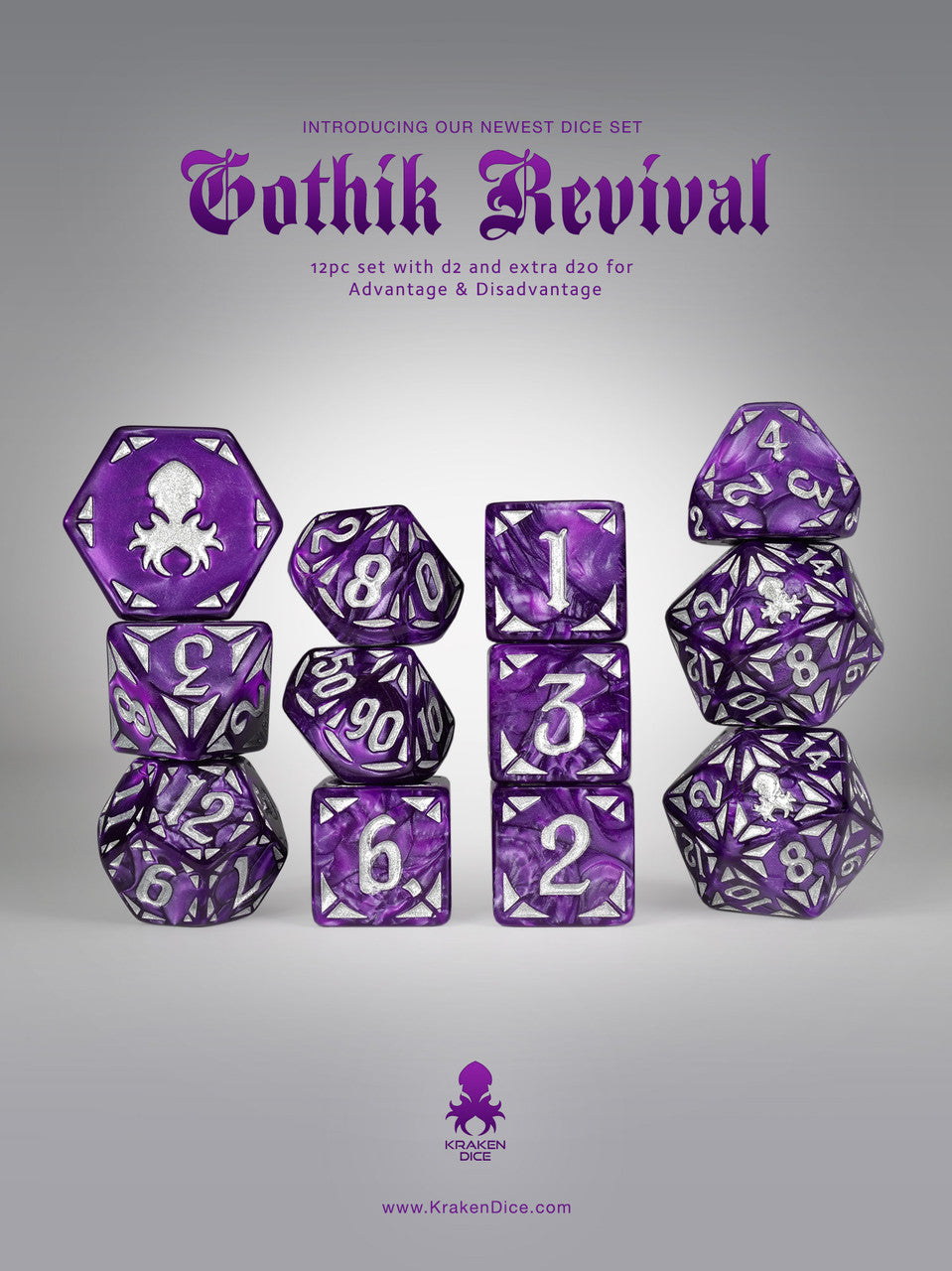 Purple Gothik Revival  RPG 12pc Dice Set